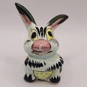 Vintage Hand Painted Tonala Ceramic Bunny Rabbit 4" Tall Mexico
